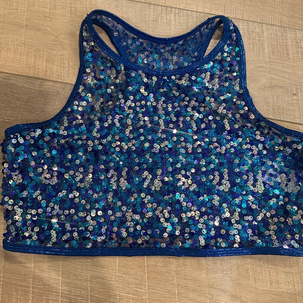 Blue Sequin Racerback Crop Top Dancewear By Curtain Call ADULT SMALL E2068